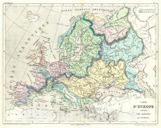 Historic Map : 1856 Carte D'Europe Divisee par Bassins : Vintage Wall Art