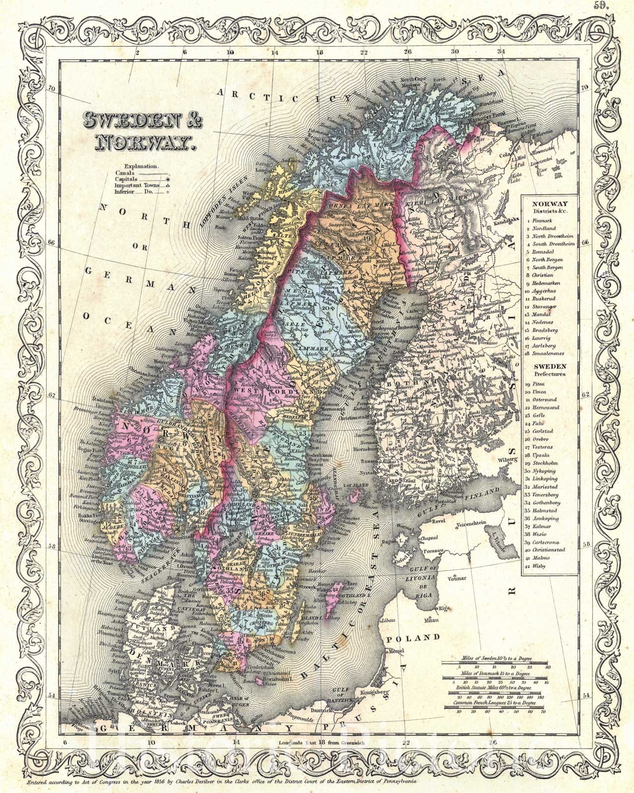 Historic Map : 1856 Sweden and Norway : Vintage Wall Art