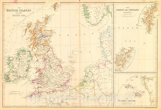 Historic Map : 1860 The British Isles and the North Sea  : Vintage Wall Art