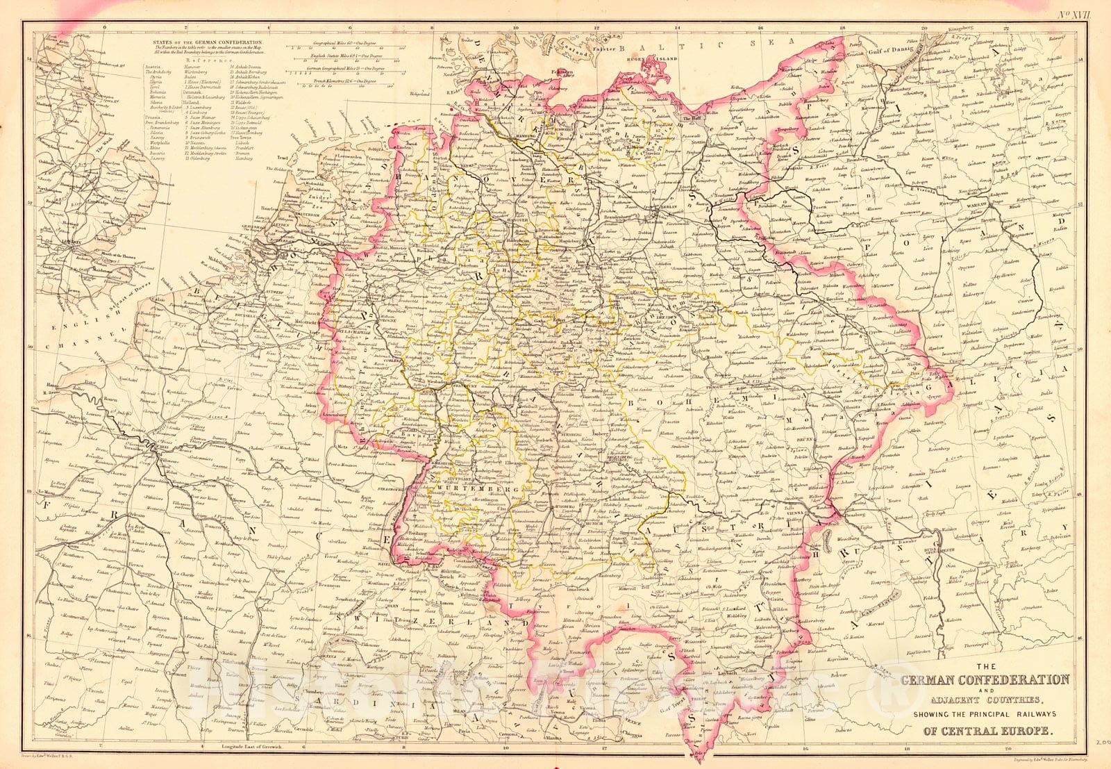 Historic Map : 1860 The German Confederation and Adjacent Countries  : Vintage Wall Art