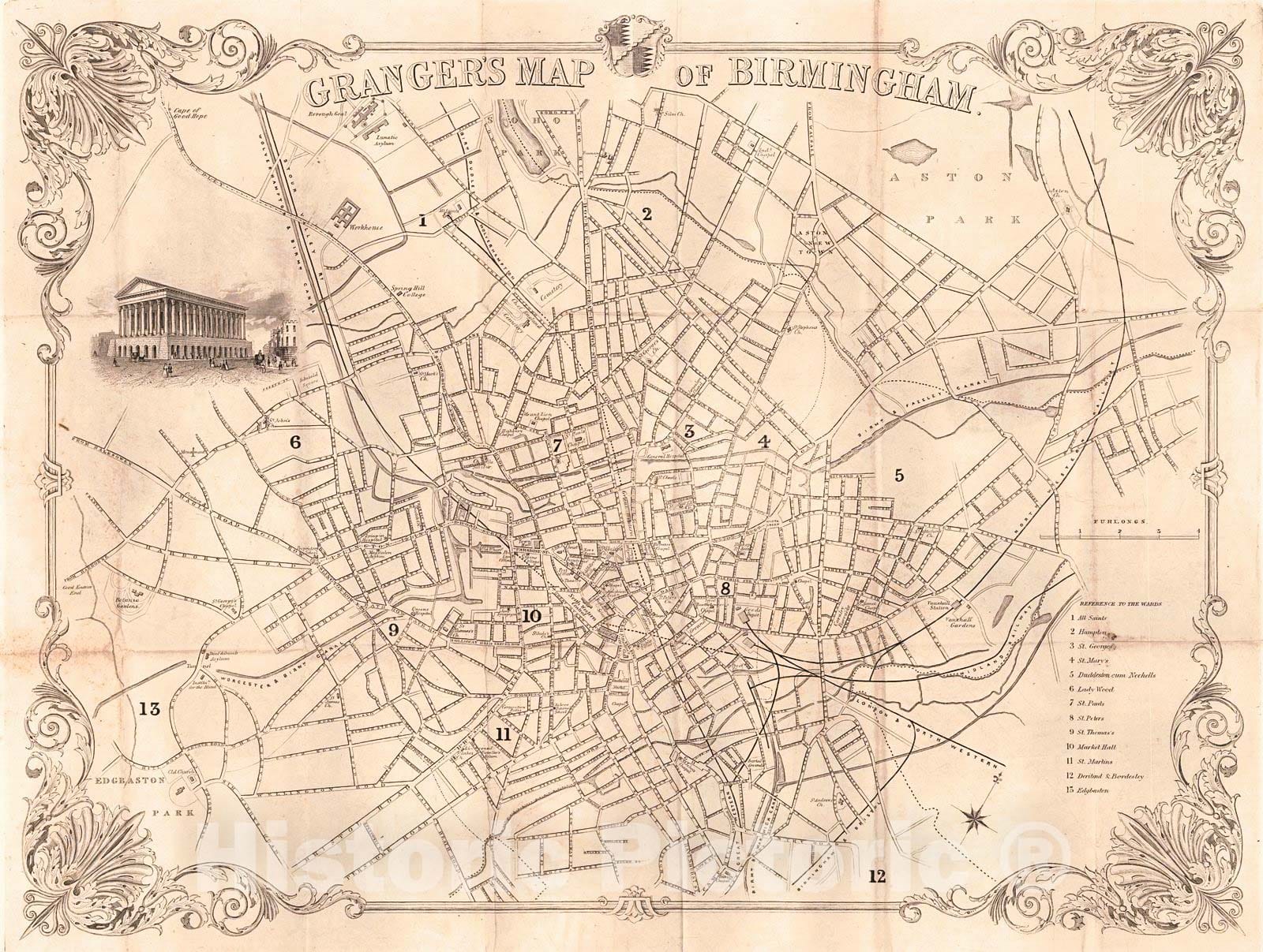 Historic Map : 1860 Granger's Map of Birmingham : Vintage Wall Art