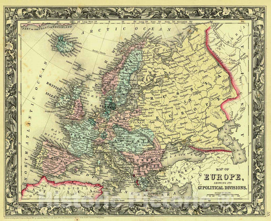 Historic Map : 1861 Map of Europe showing greater political divisions : Vintage Wall Art