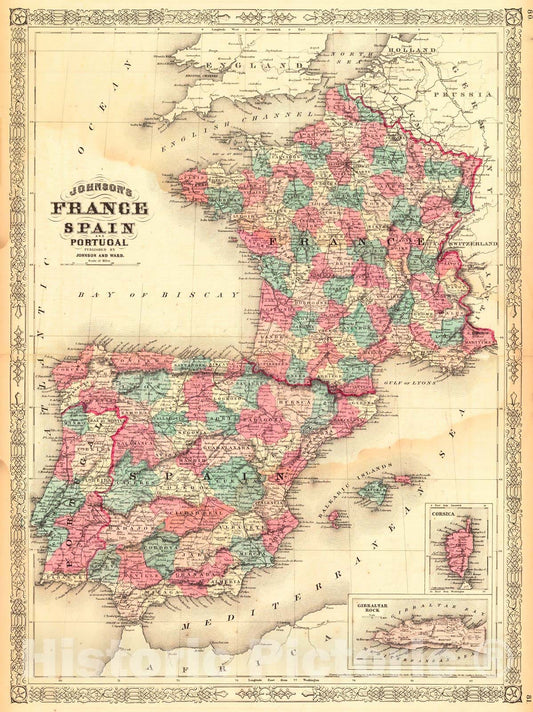 Historic Map : 1864 Johnson's France, Spain and Portugal : Vintage Wall Art