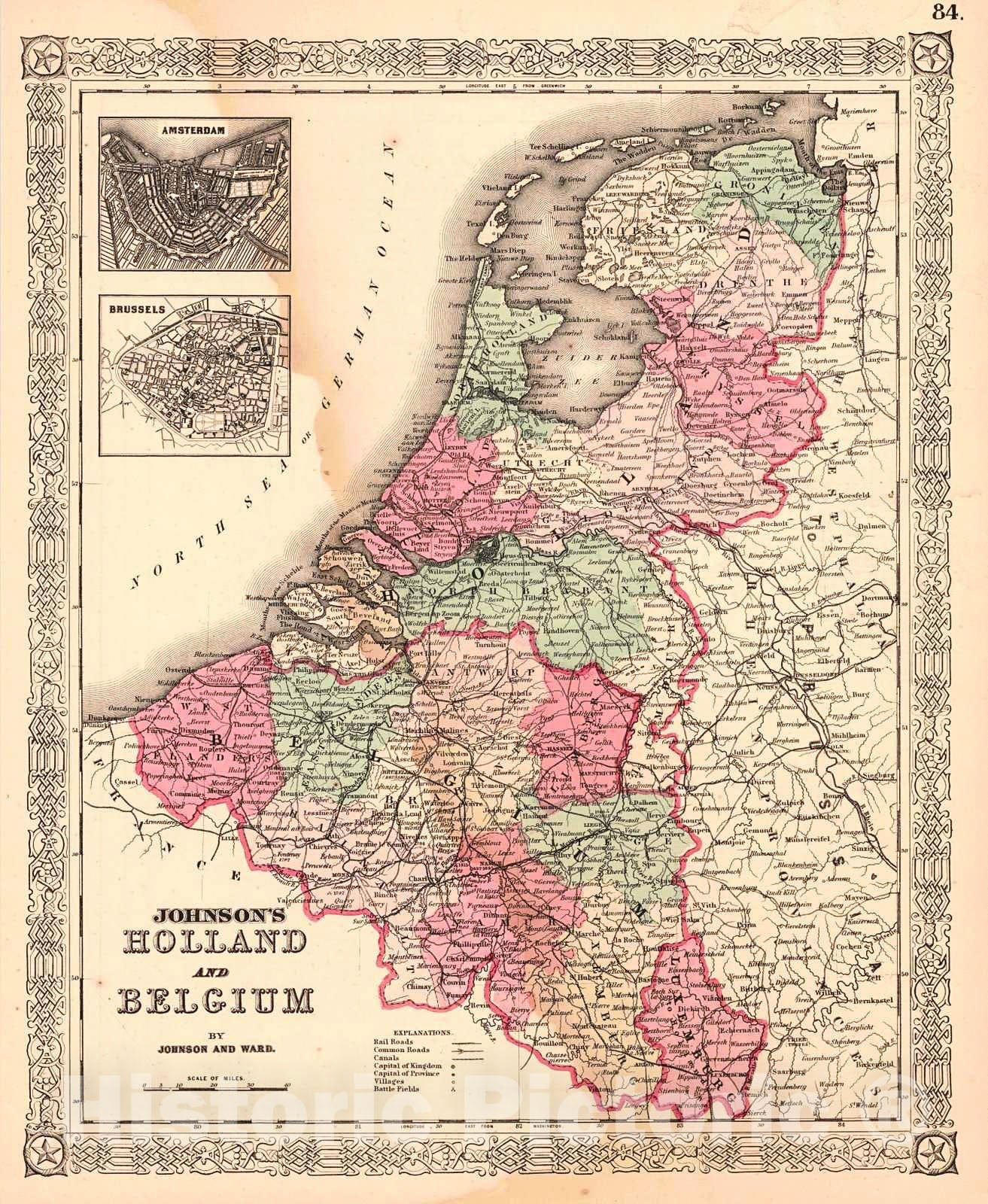 Historic Map : 1865 Johnson's Holland and Belgium : Vintage Wall Art