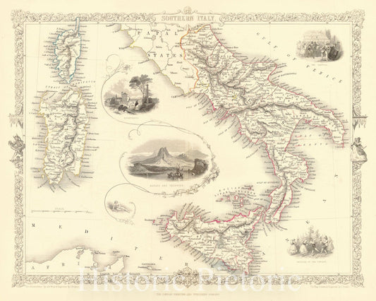Southern Italy, Sardinia, and Malta - Boundary Map, 1865 - Historical Map Print