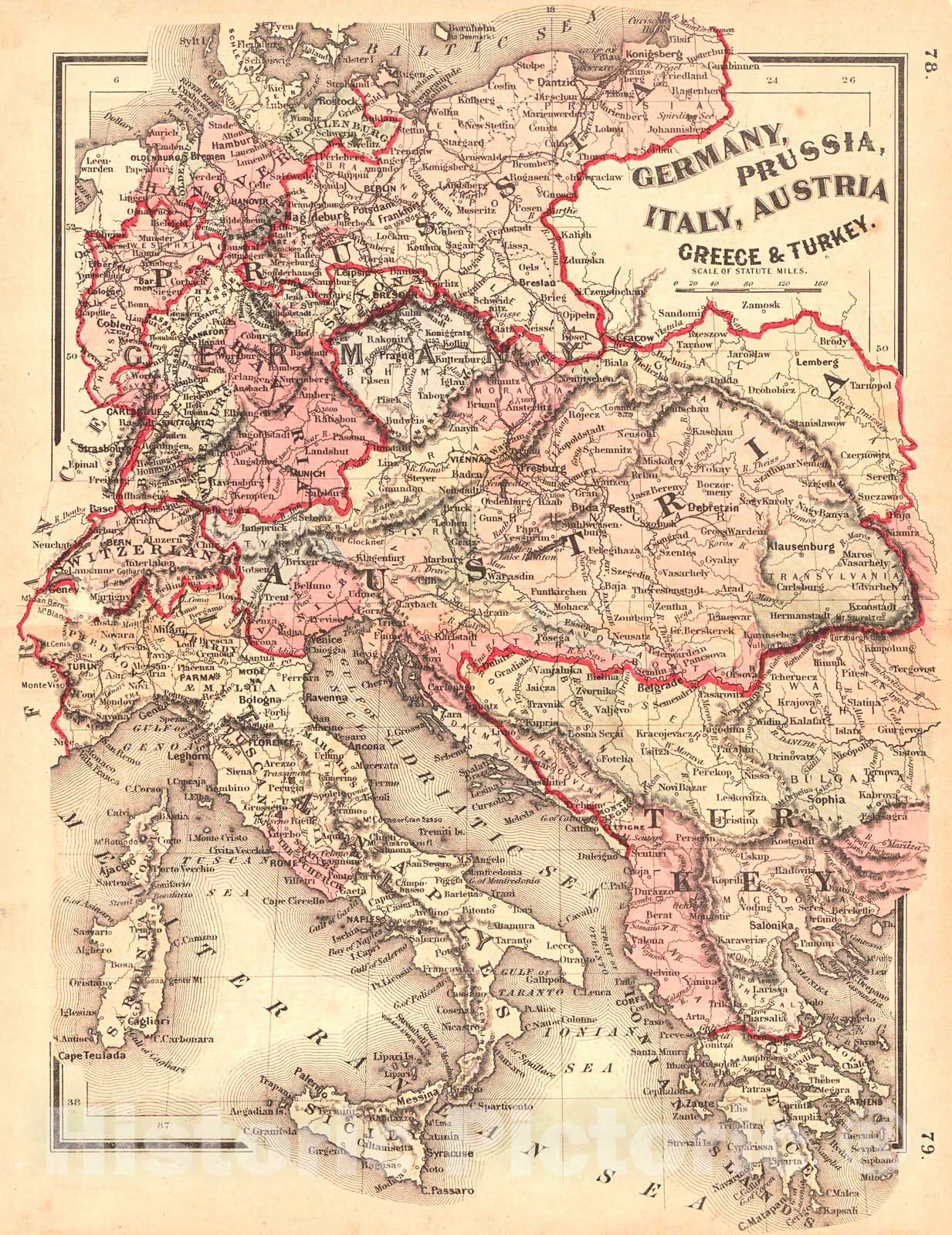 Historic Map : 1866 Germany, Prussia, Italy, Austria, Greece & Turkey : Vintage Wall Art