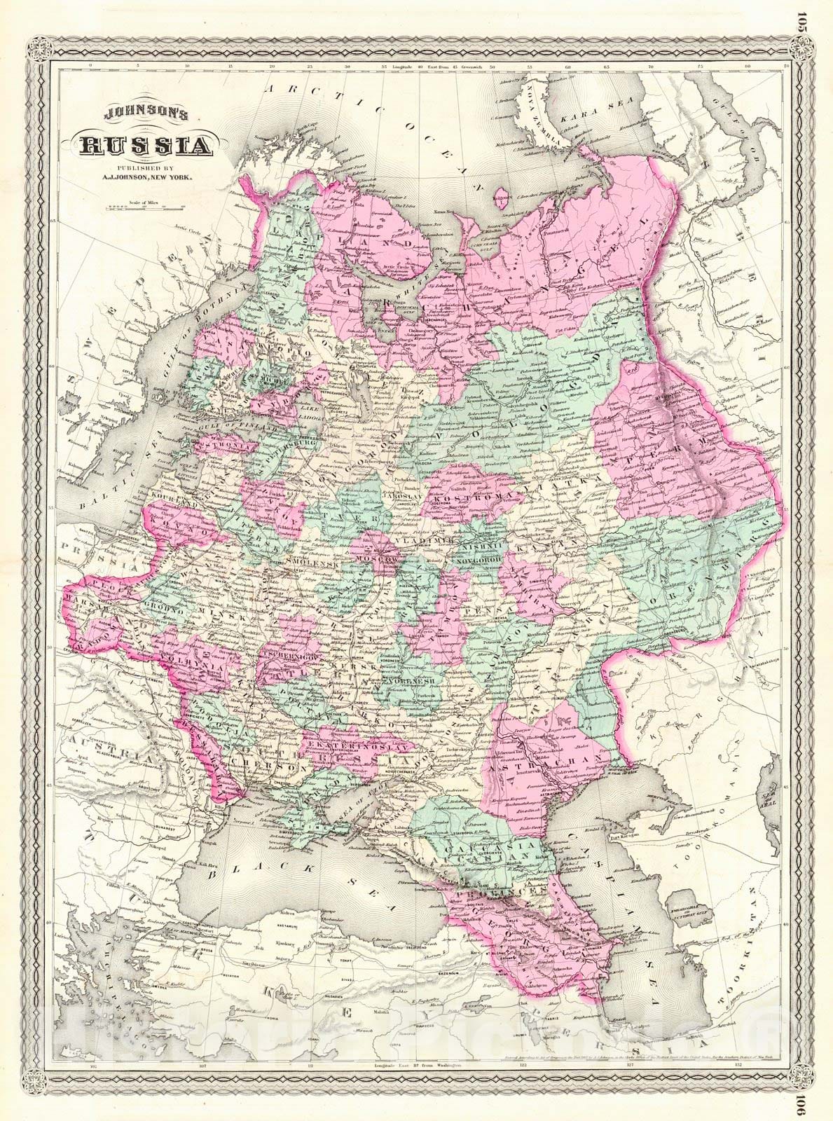 Historic Map : 1870 Johnson's Russia  : Vintage Wall Art