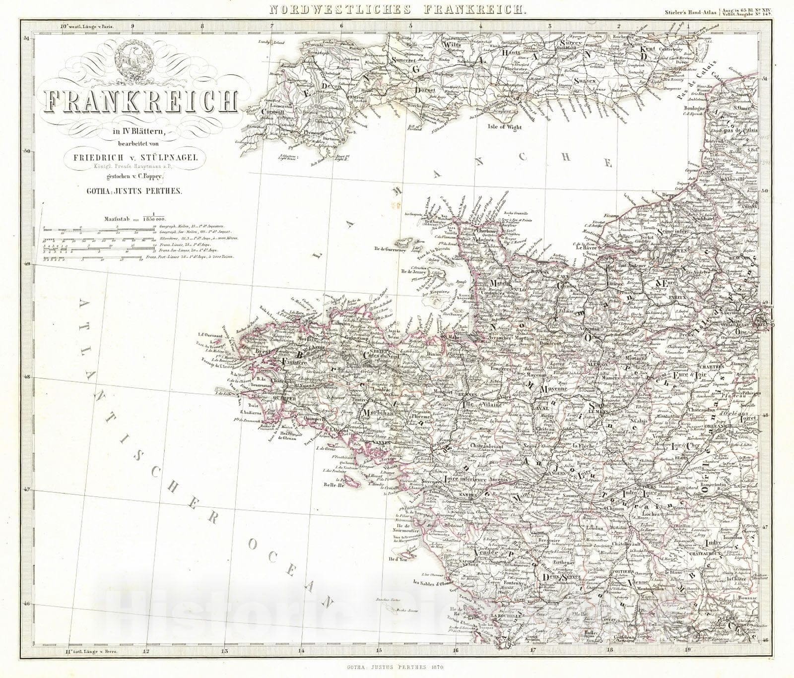 Historic Map : 1870 Frankreich in IV Blattern : Vintage Wall Art