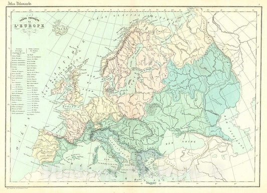 Historic Map : 1872 Carte Physique de L'Europe : Vintage Wall Art
