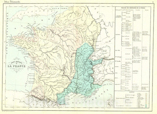 Historic Map : 1872 Carte Physique de La France : Vintage Wall Art