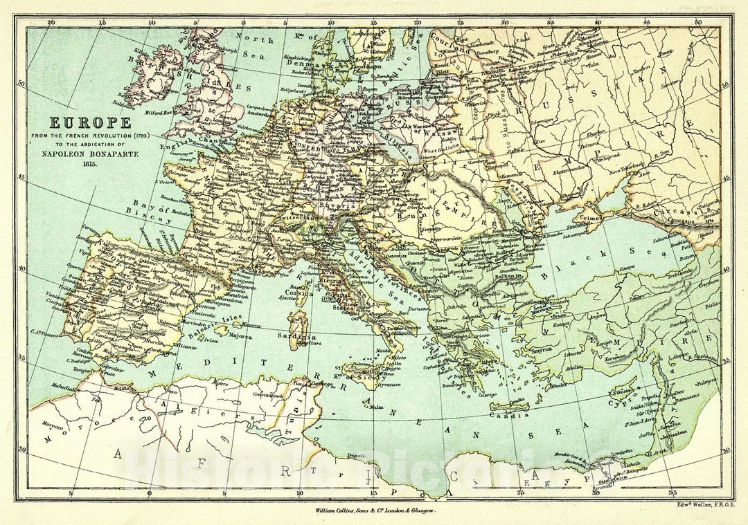 Historic Map : 1872 Europe from the French Revolution to the abdication of Napolean Bonaparte : Vintage Wall Art