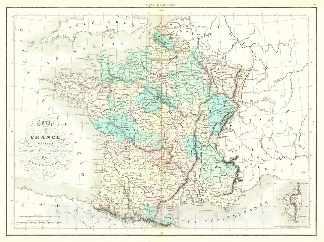 Historic Map : 1872 Carte de France diuisee en ses 32 Provinces : Vintage Wall Art