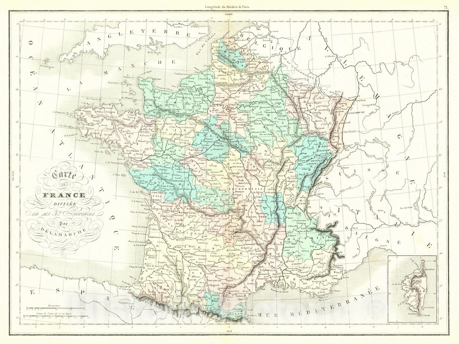 Historic Map : 1872 Carte de France diuisee en ses 32 Provinces : Vintage Wall Art
