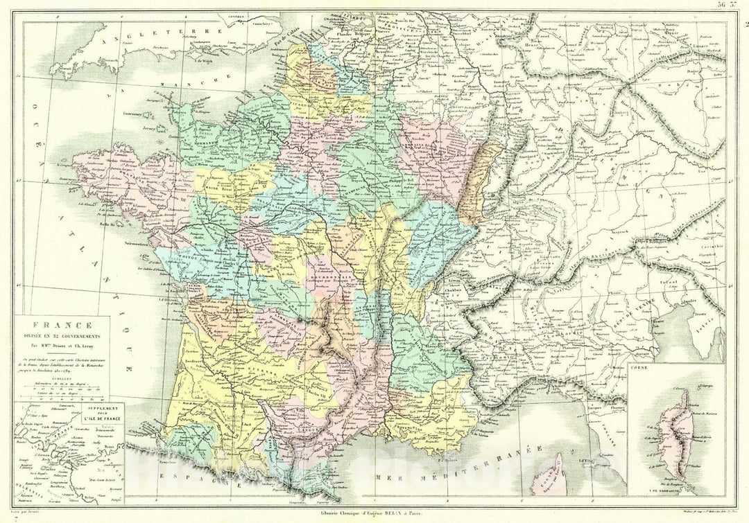 Historic Map : 1873 France Divisee en 32 Gouvernements : Vintage Wall Art