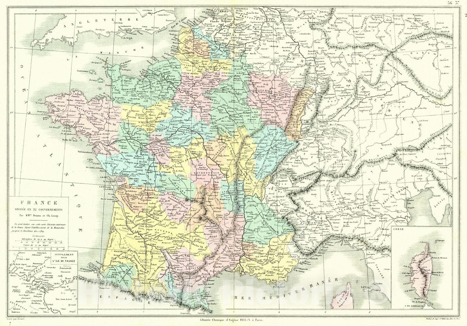 Historic Map : 1873 France Divisee en 32 Gouvernements : Vintage Wall Art