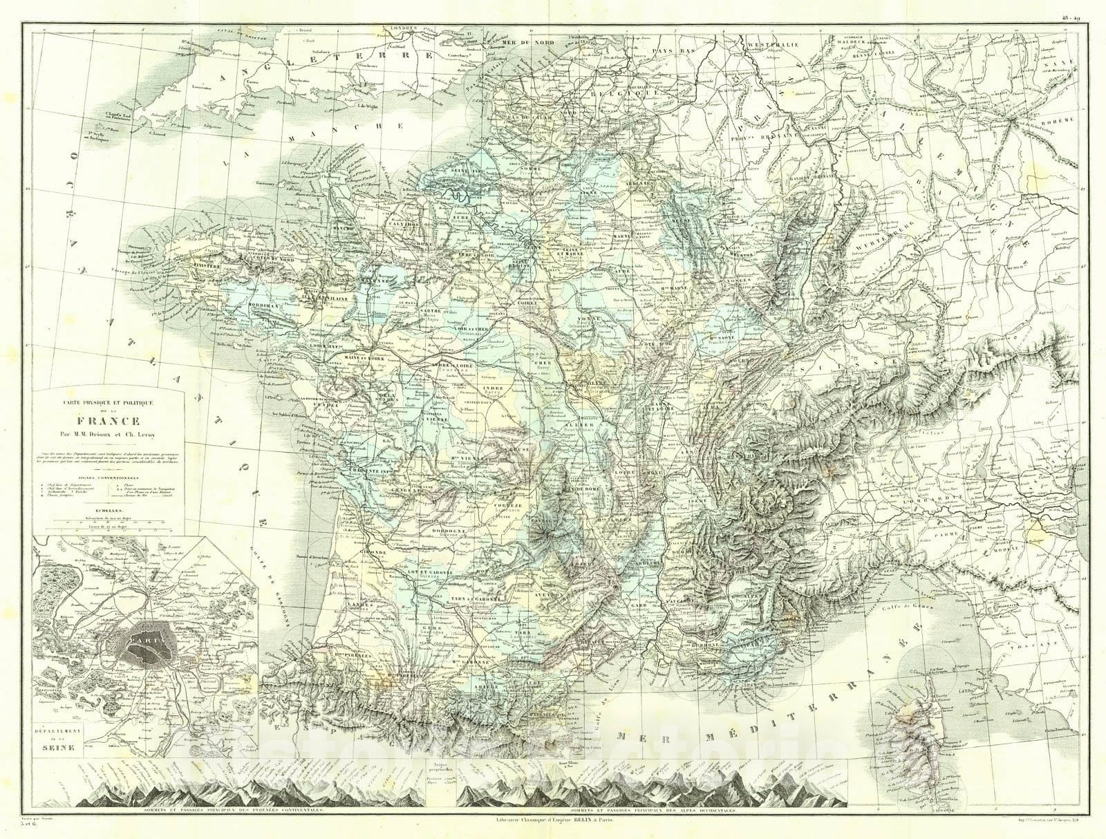 Historic Map : 1873 Carte Physique et Politique de la France : Vintage Wall Art