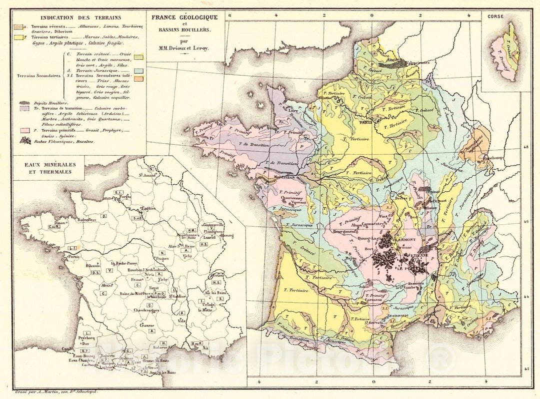 Historic Map : 1873 France Geologique et Bassins Houillers : Vintage Wall Art