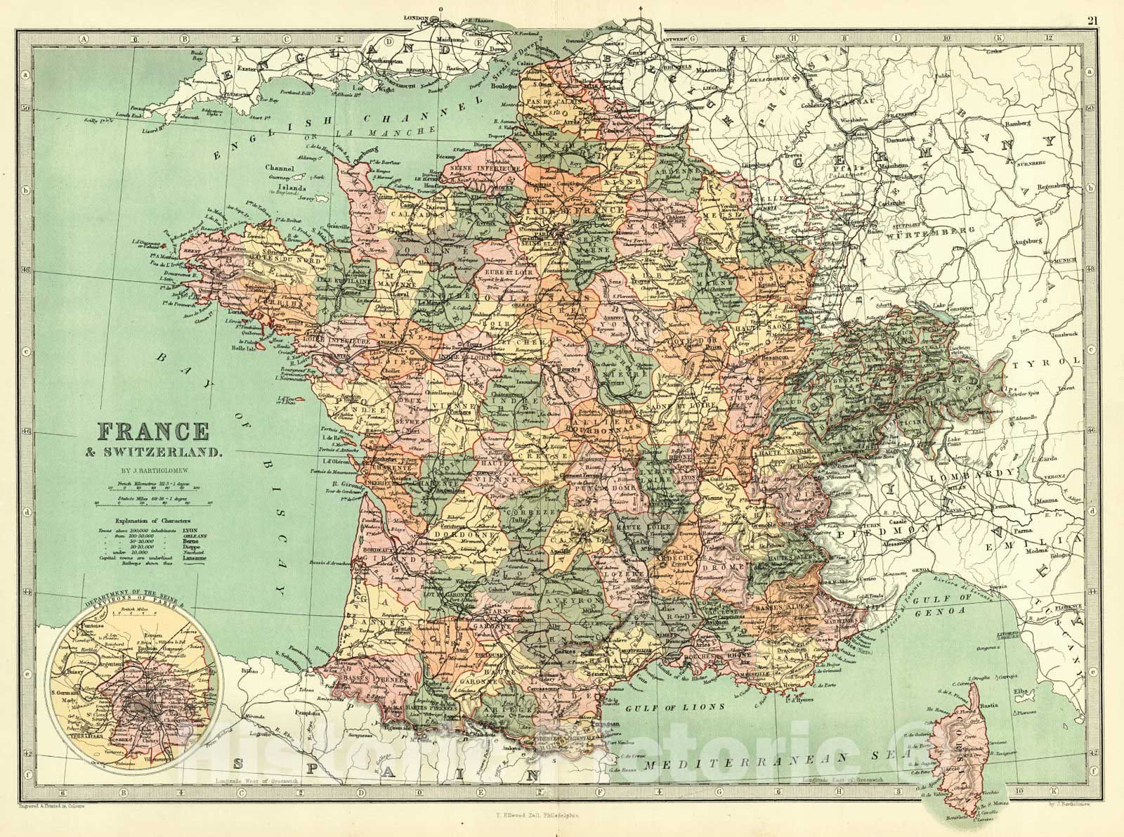 Historic Map : 1873 France and Switzerland : Vintage Wall Art