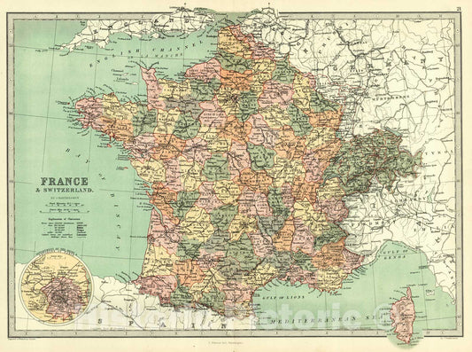 Historic Map : 1873 France and Switzerland : Vintage Wall Art