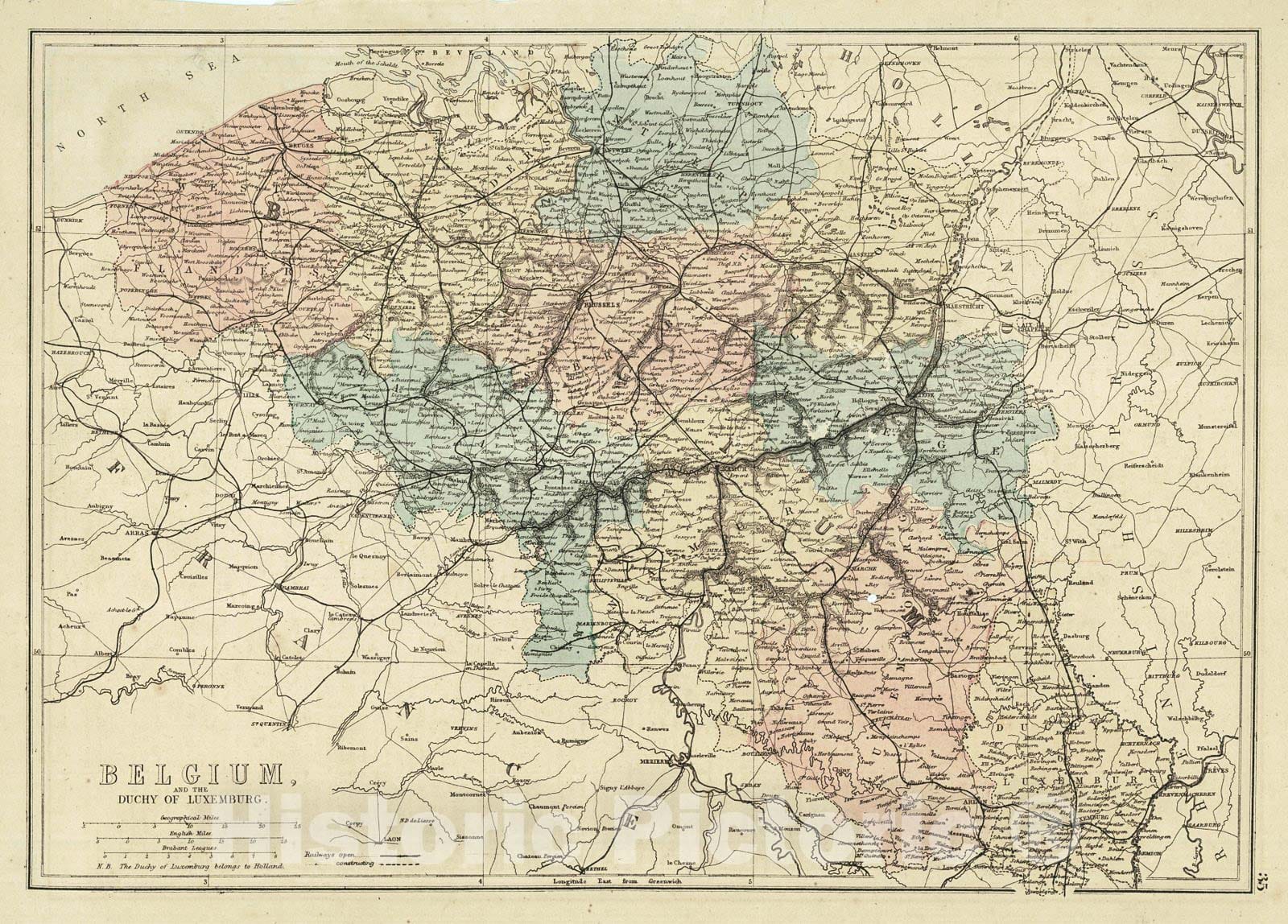 Historic Map : 1875 Belgium and the Duchy of Luxemburg : Vintage Wall Art