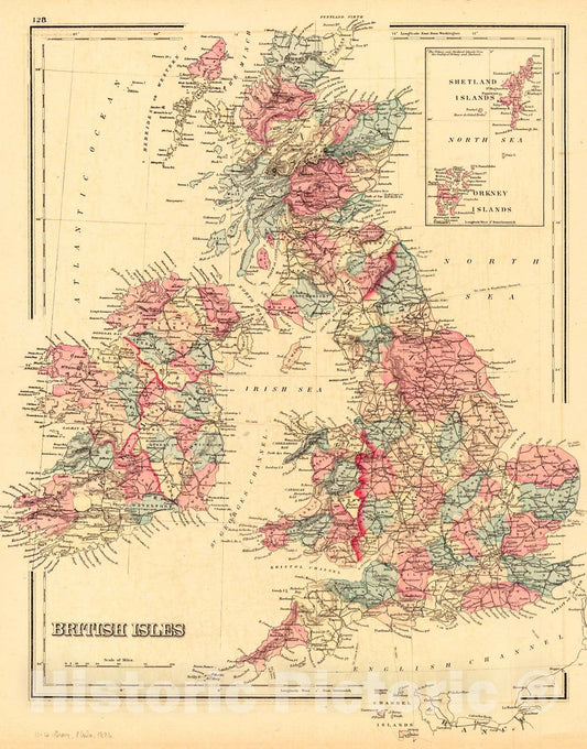 Historic Map : 1876 British Isles : Vintage Wall Art