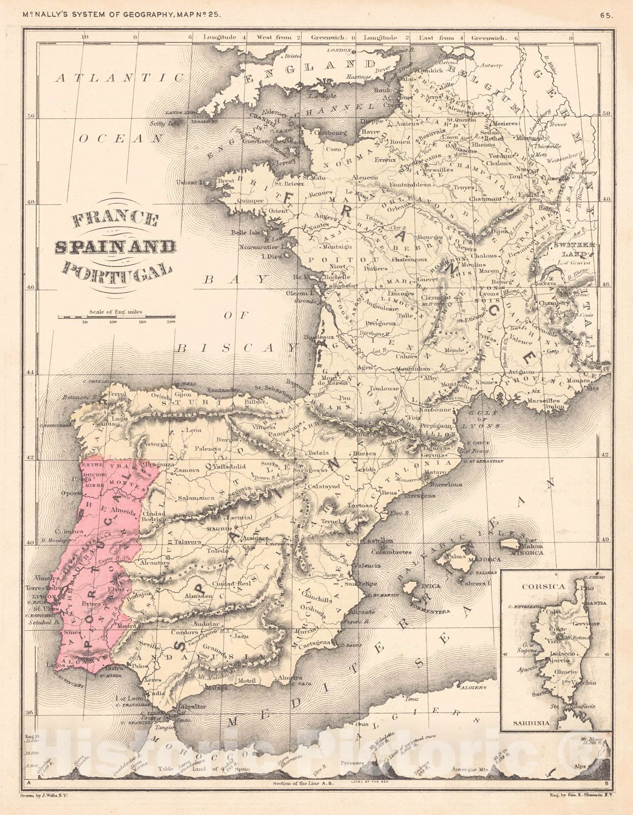 Historic Map : 1876 France, Spain, and Portugal : Vintage Wall Art