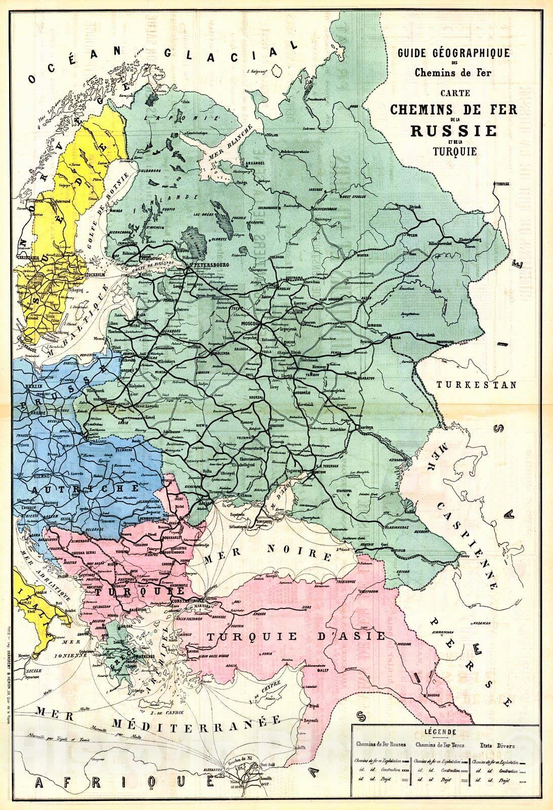 Historic Map : 1879 Carte des Chemis de Fer de la Russie et de la Turquie : Vintage Wall Art