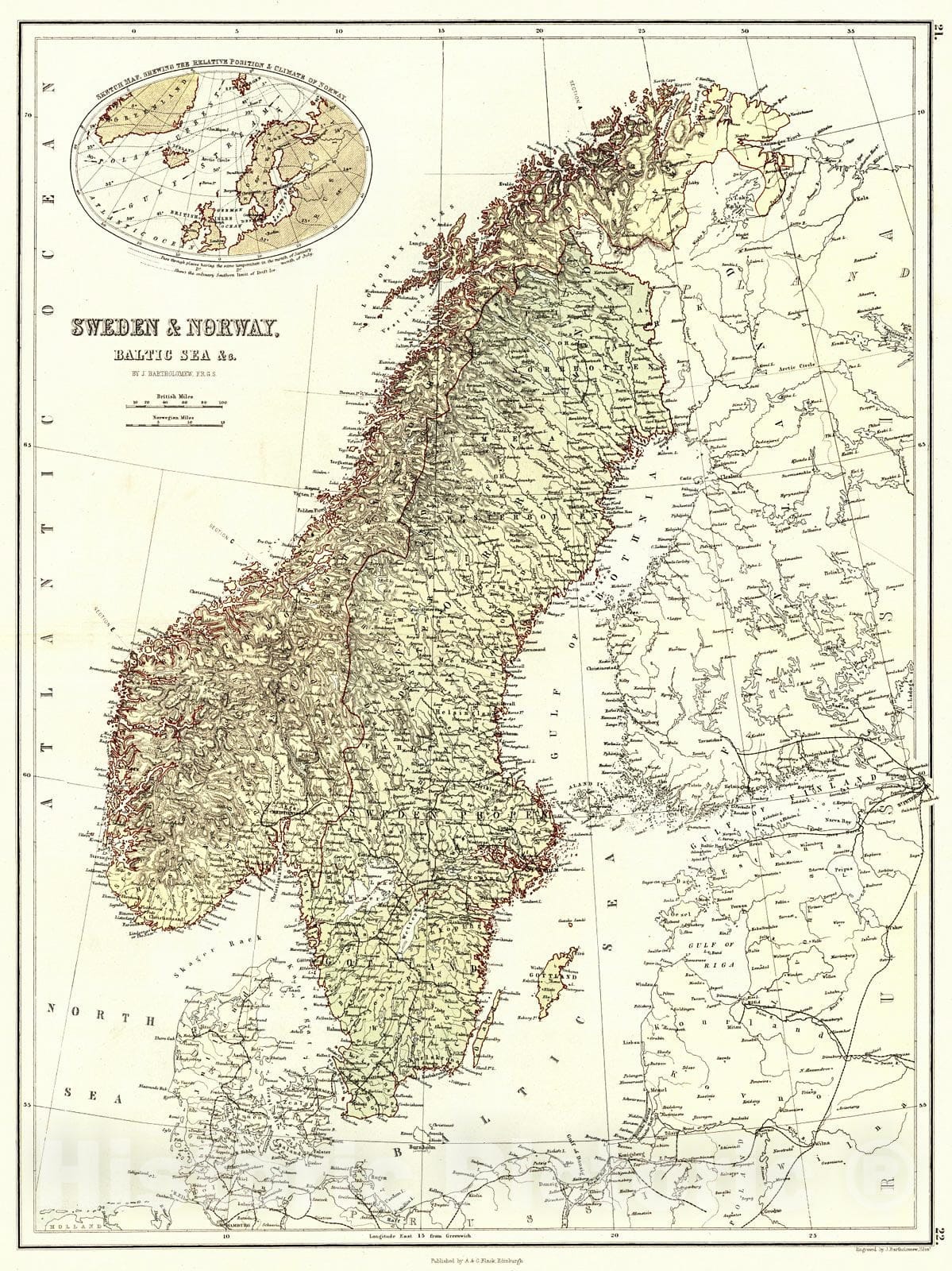 Historic Map : 1879 Sweden & Norway, Baltic Sea  : Vintage Wall Art
