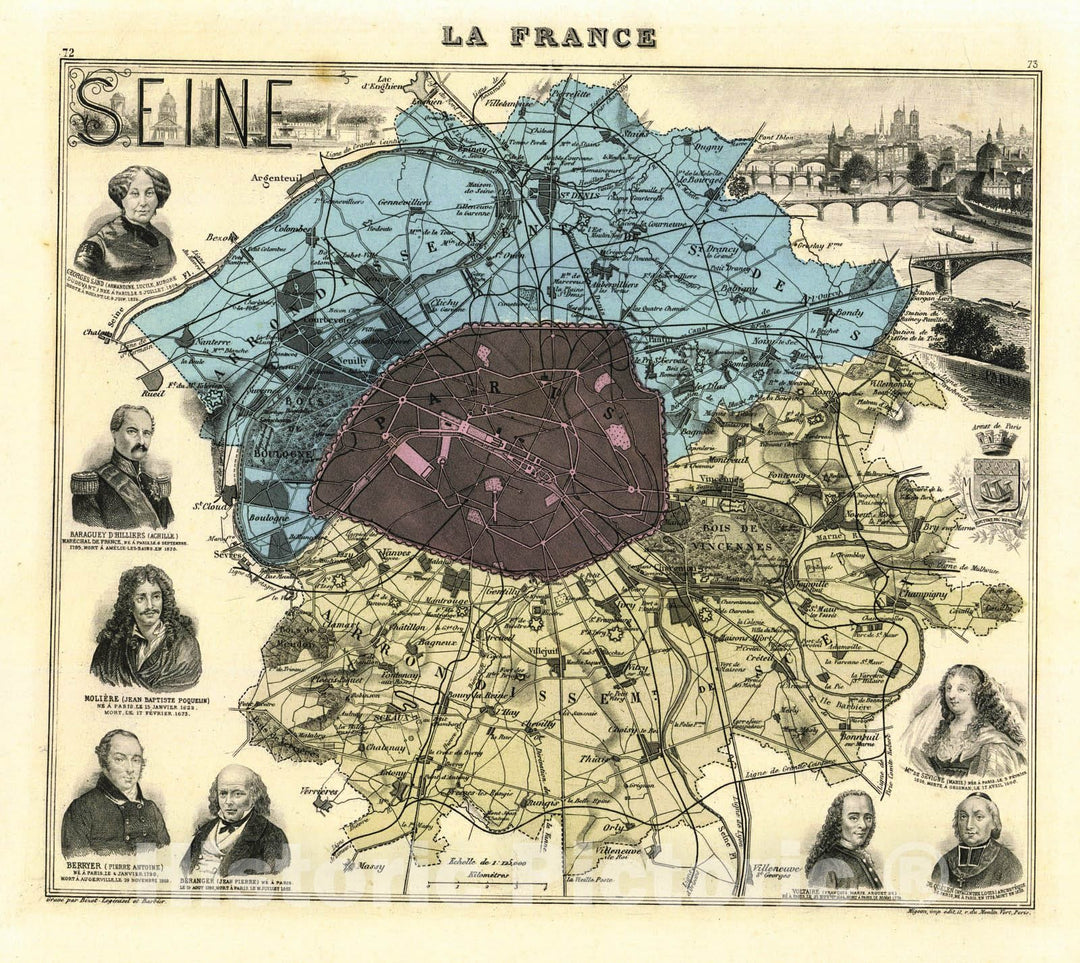 Historic Map : 1880 La France - Seine : Vintage Wall Art