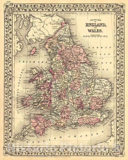 Historic Map : 1880 County Map of England and Wales : Vintage Wall Art