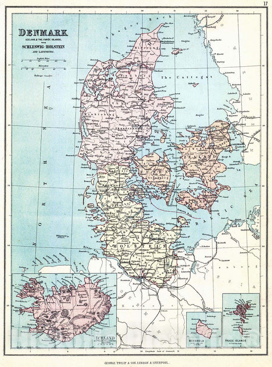 Historic Map : 1880 Denmark, Iceland and the Faroe Islands with Schleswig-Holstein : Vintage Wall Art