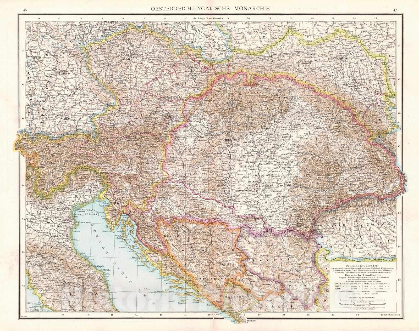 Historic Map : 1881 Oesterreich-Ungarische Monarchie : Vintage Wall Art