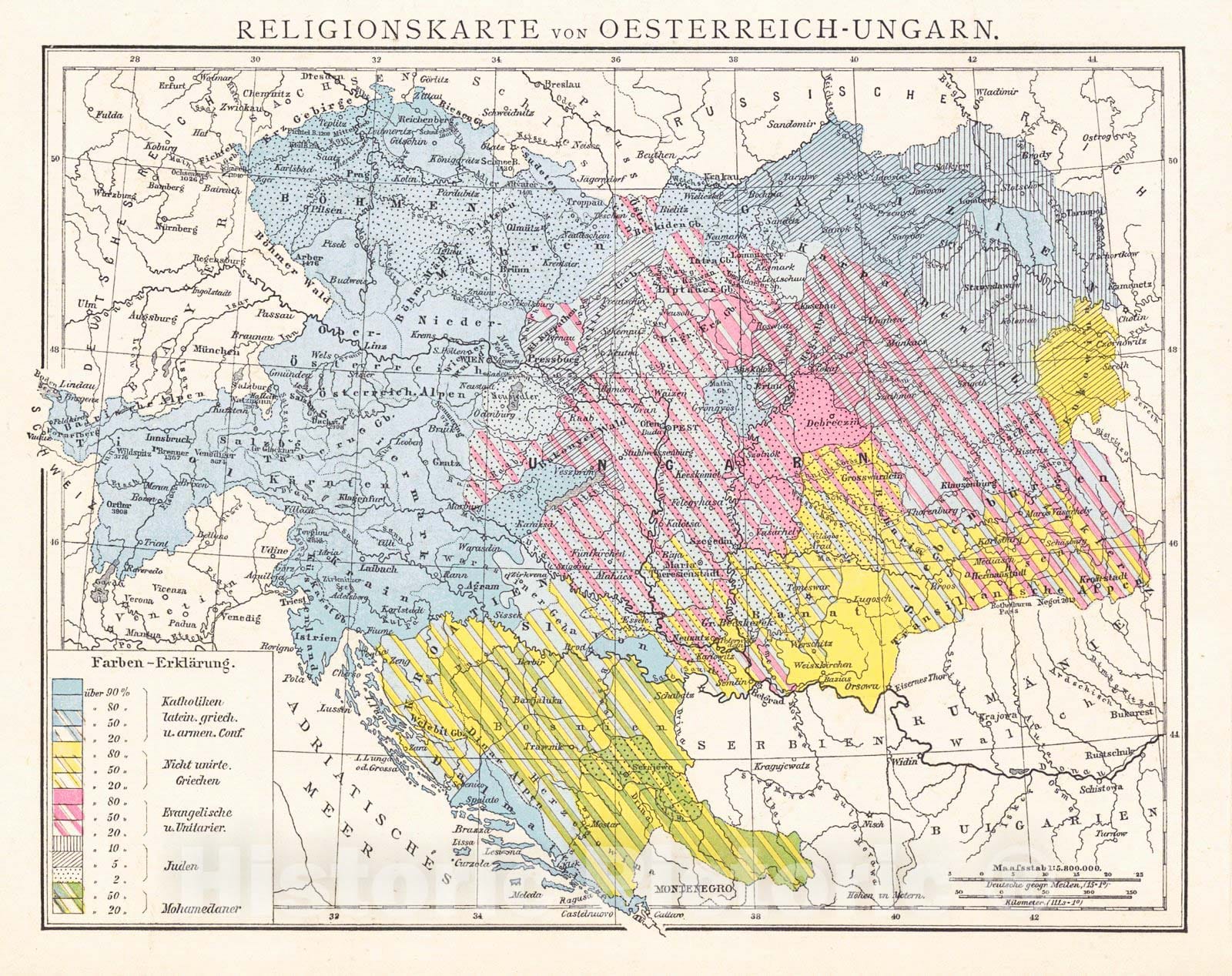 Historic Map : 1881 Religionskarte von Oesterreich-Ungarn : Vintage Wall Art