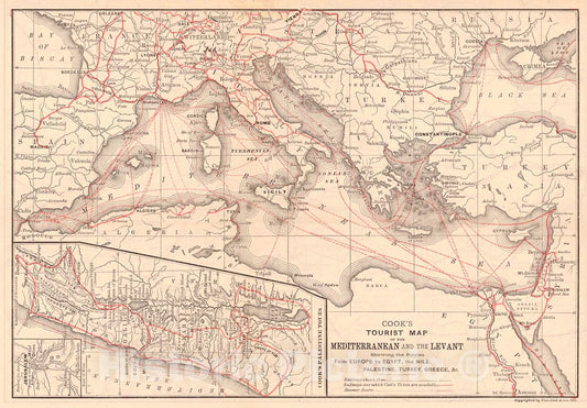 Historic Map : 1881 Cook's Tourist Map of the Mediterranean and the Levant Showing the Routes from Europe to Egypt, The Nile, Palestinr, Turkey, Greece : Vintage Wall Art