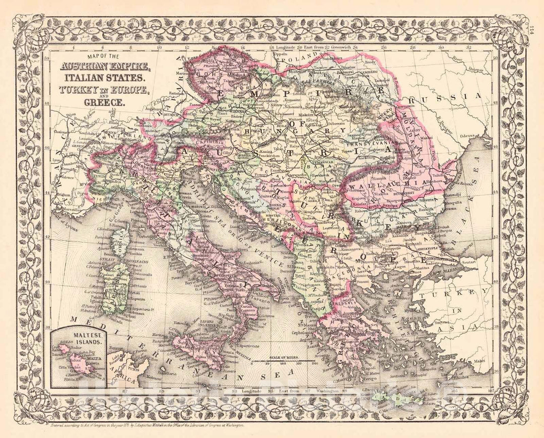 Historic Map : 1881 Map of the Austrian Empire, Italian States, Turkey in Europe and Greece : Vintage Wall Art