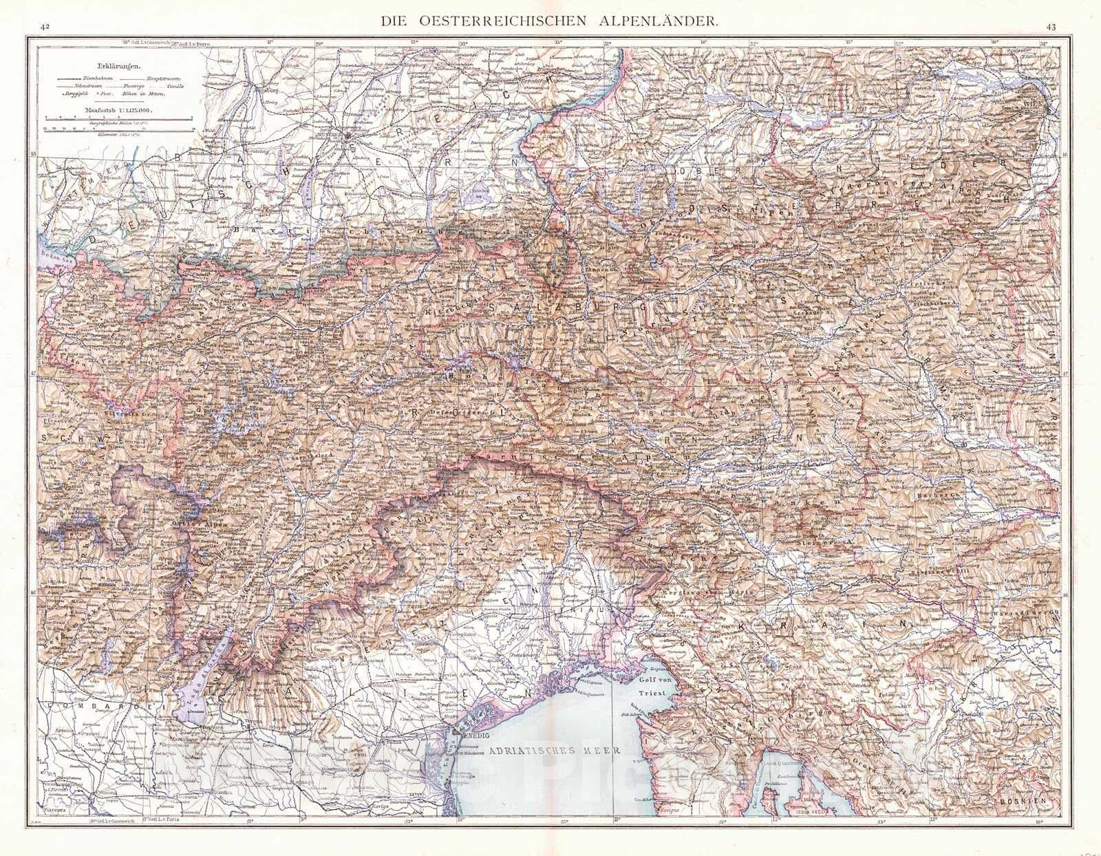 Historic Map : 1881 Die Oesterreichischen Alpenlander : Vintage Wall Art