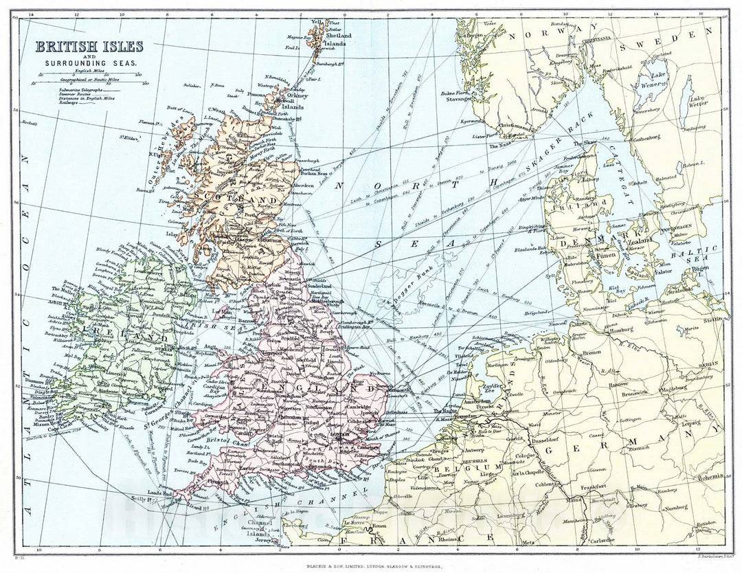 Historic Map : 1884 British Isles and Surrounding Seas : Vintage Wall Art