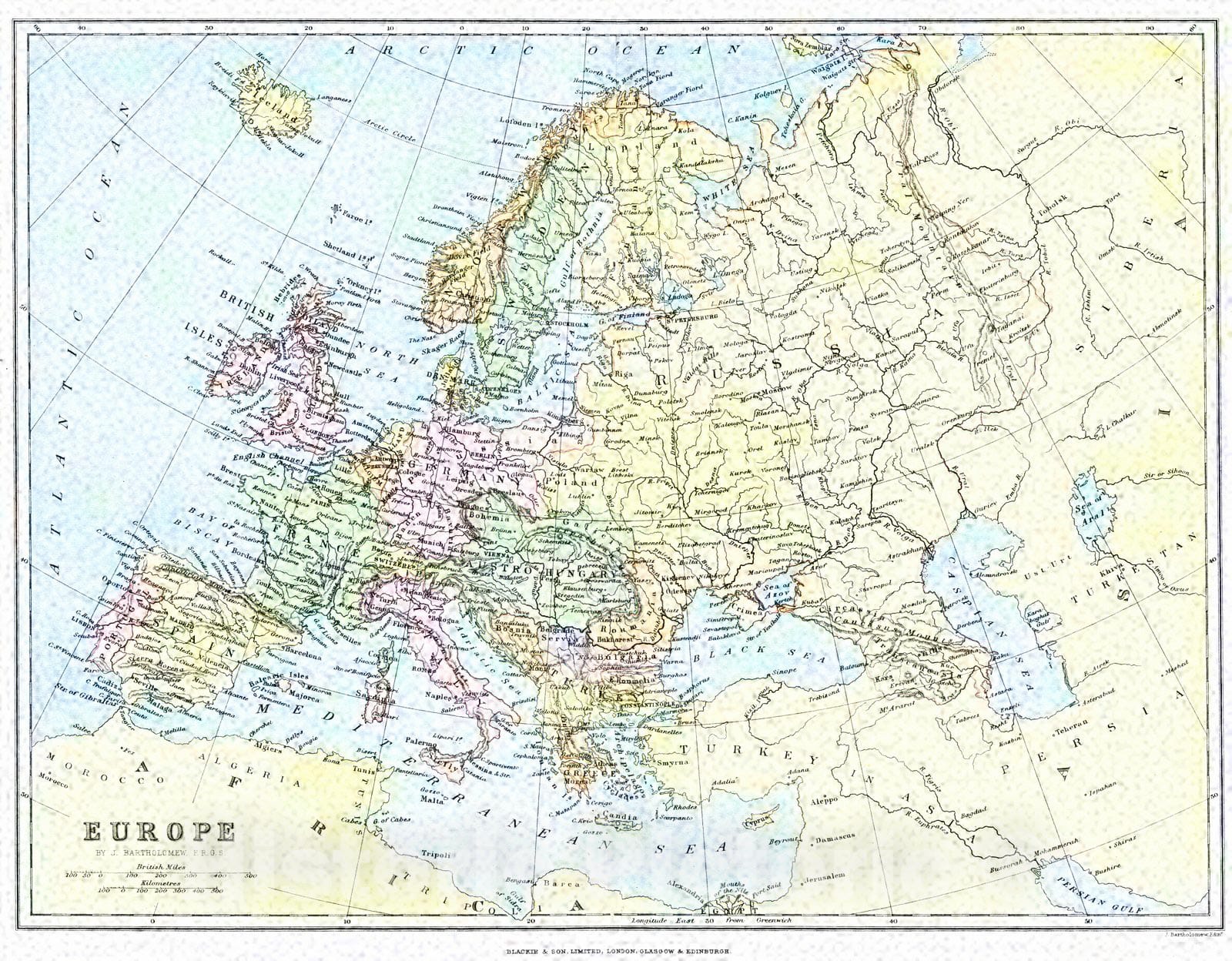 Historic Map : 1884 Europe : Vintage Wall Art