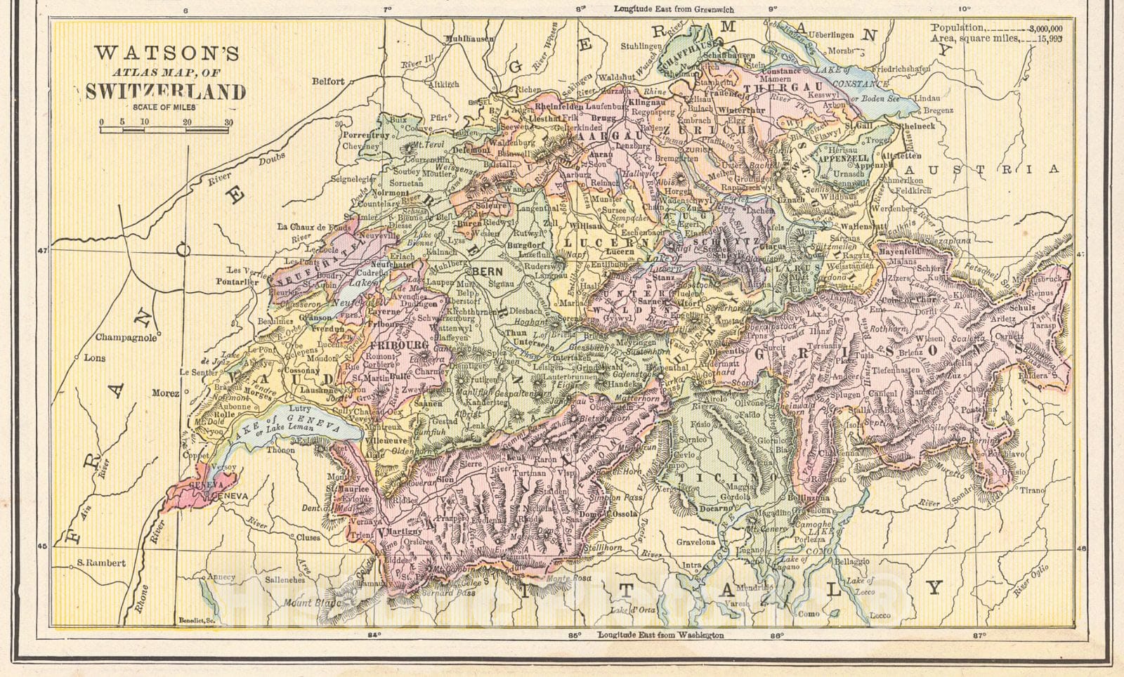 Historic Map : 1885 Watson's Atlas Map of Switzerland : Vintage Wall Art