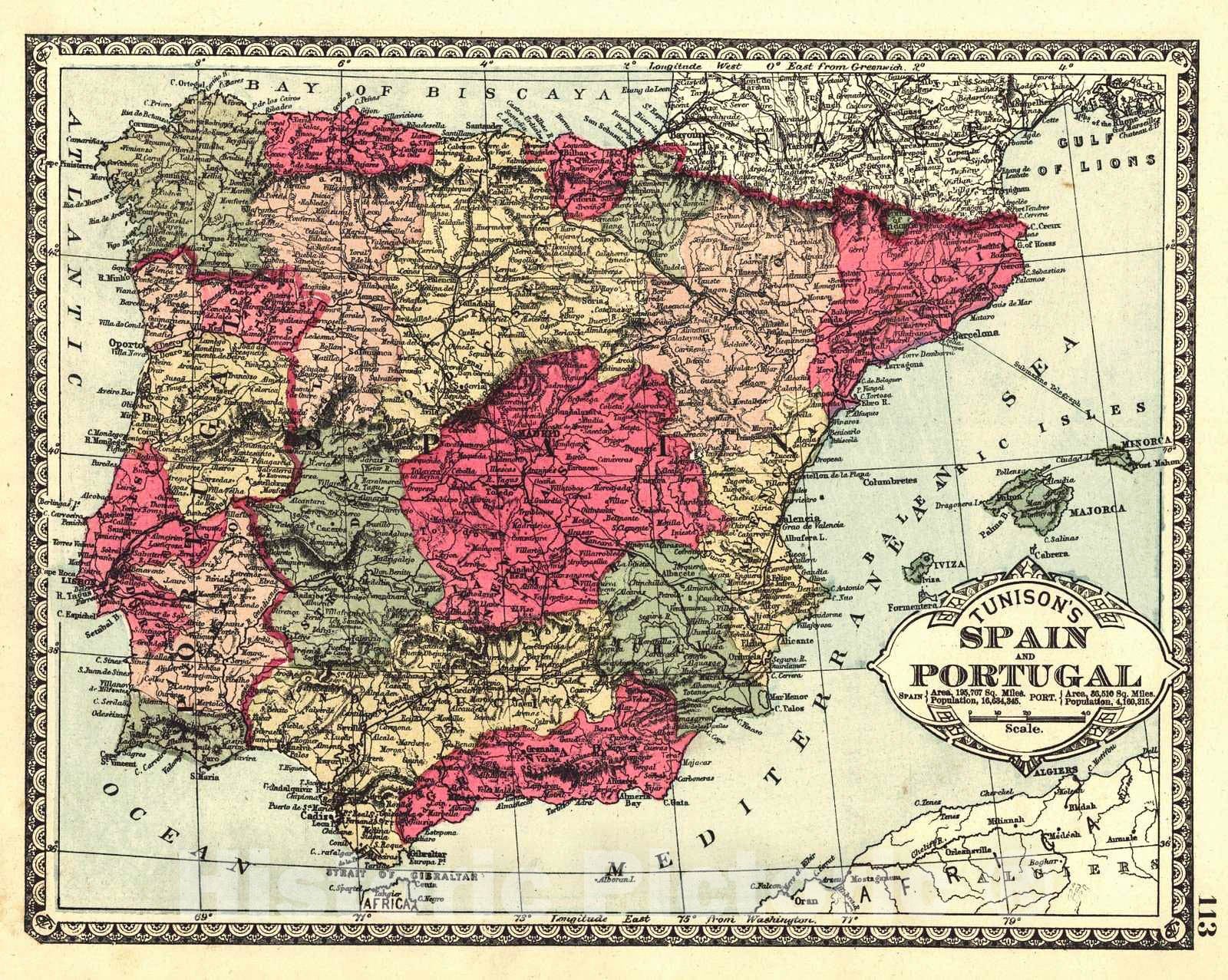 Historic Map : 1885 Spain and Portugal : Vintage Wall Art