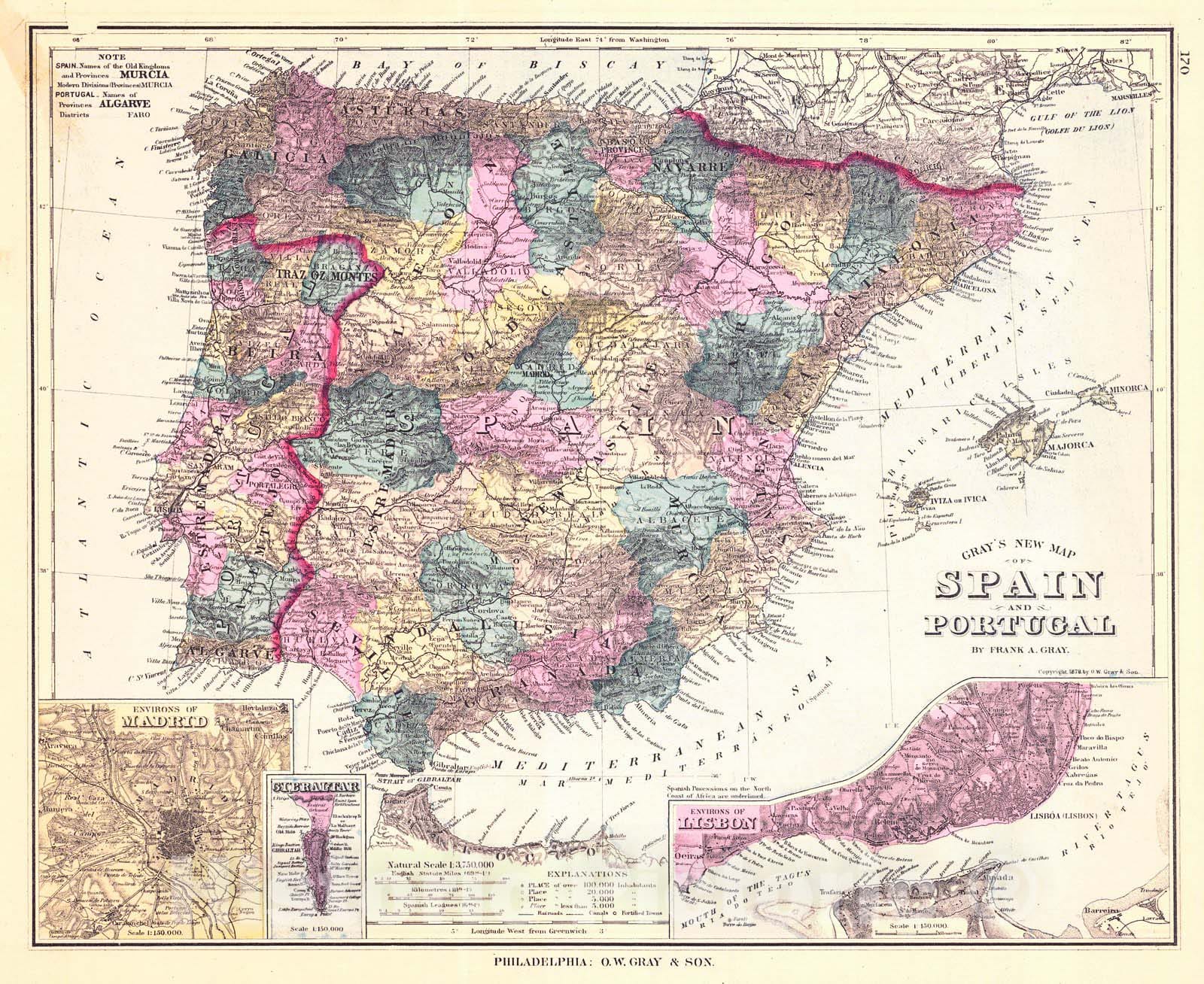 Historic Map : 1886 Gray's New Map of Spain and Portugal : Vintage Wall Art