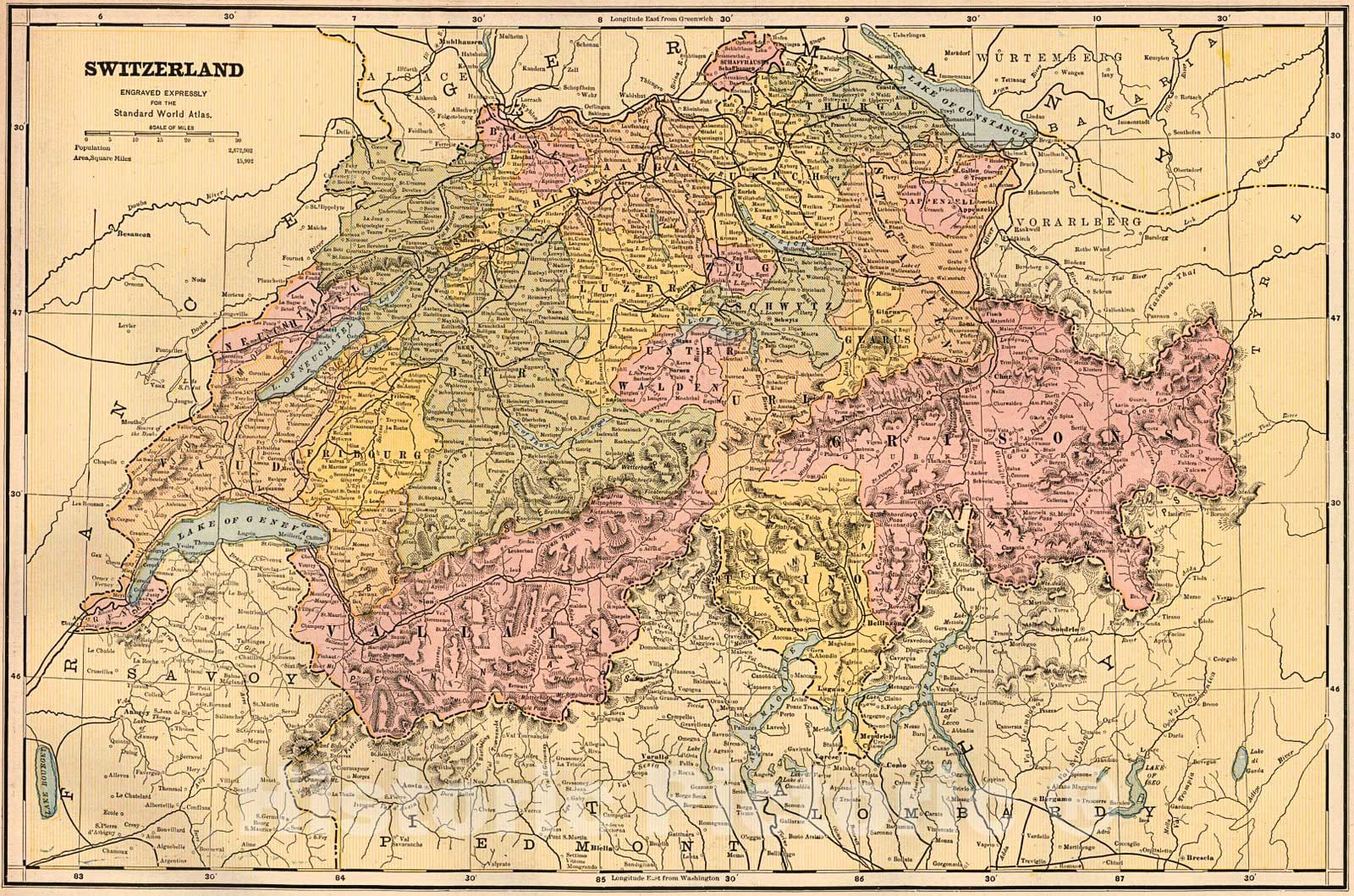 Historic Map : 1887 Switzerland : Vintage Wall Art