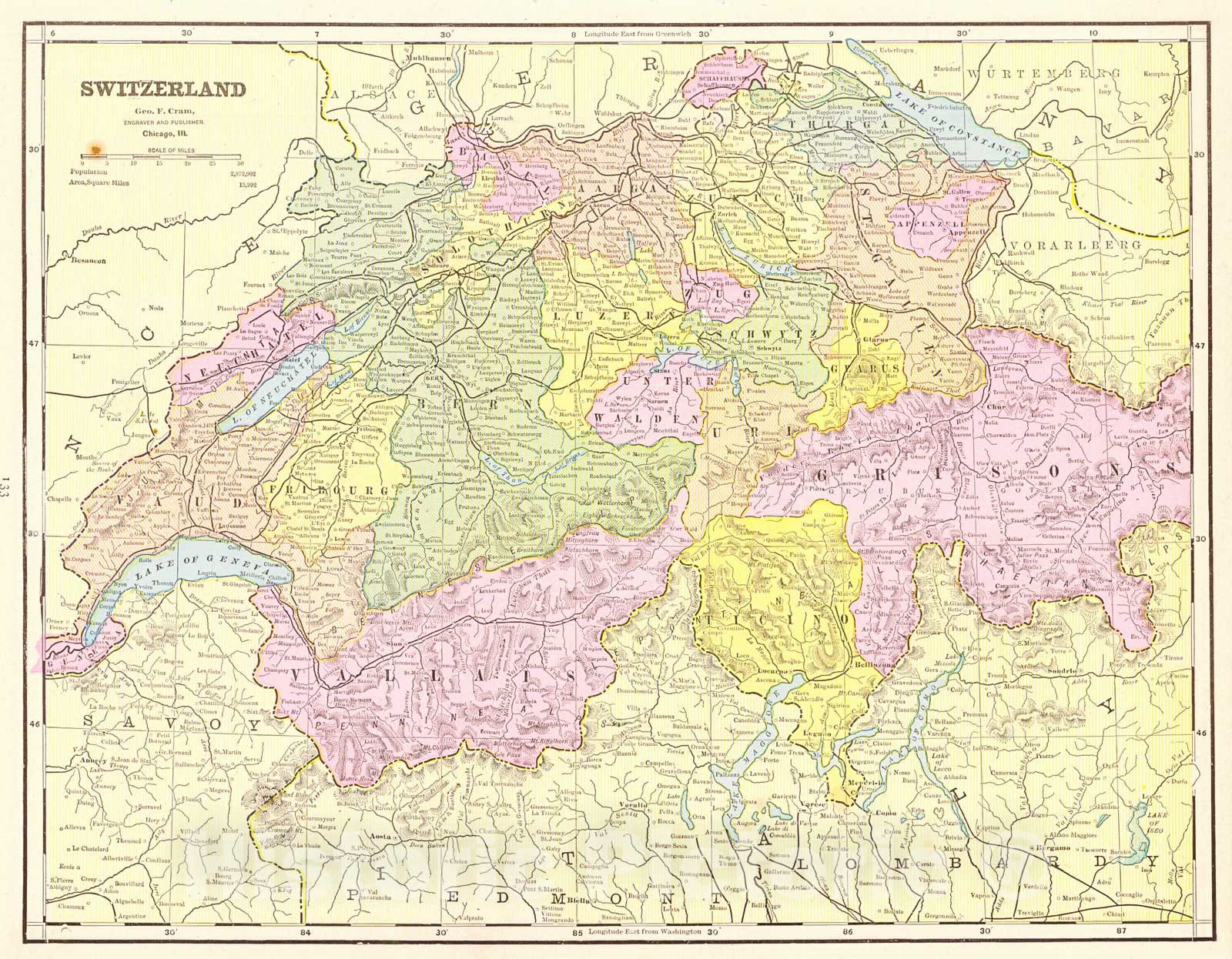 Historic Map : 1889 Switzerland : Vintage Wall Art
