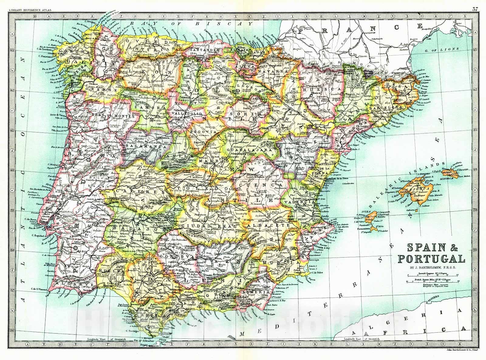 Historic Map : 1890 Spain and Portugal : Vintage Wall Art