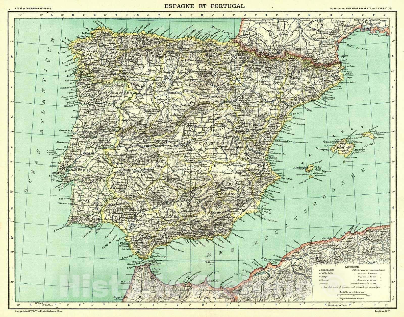 Historic Map : 1890 Espagne et Portugal : Vintage Wall Art