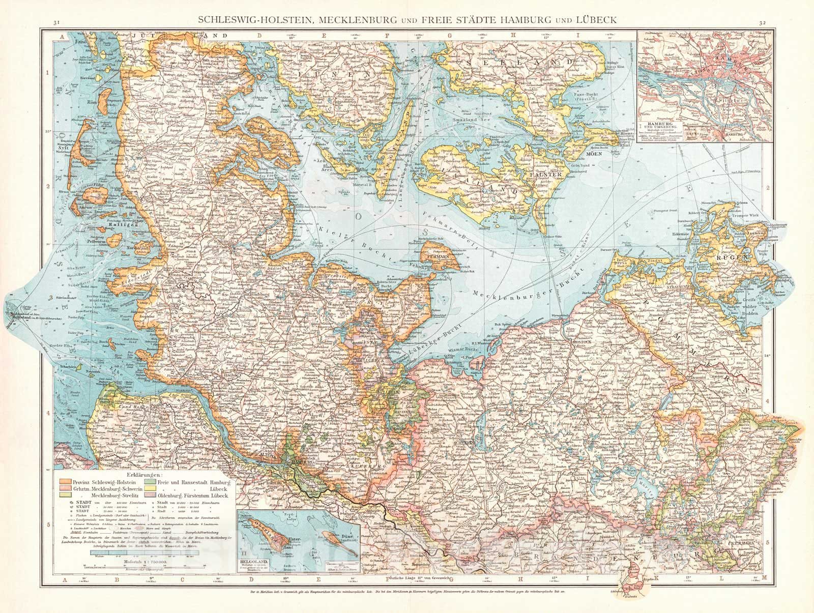 Historic Map : 1893 Schleswig-Holstein, Mecklenburg und Freie Stadte Hamburg und Lubeck : Vintage Wall Art