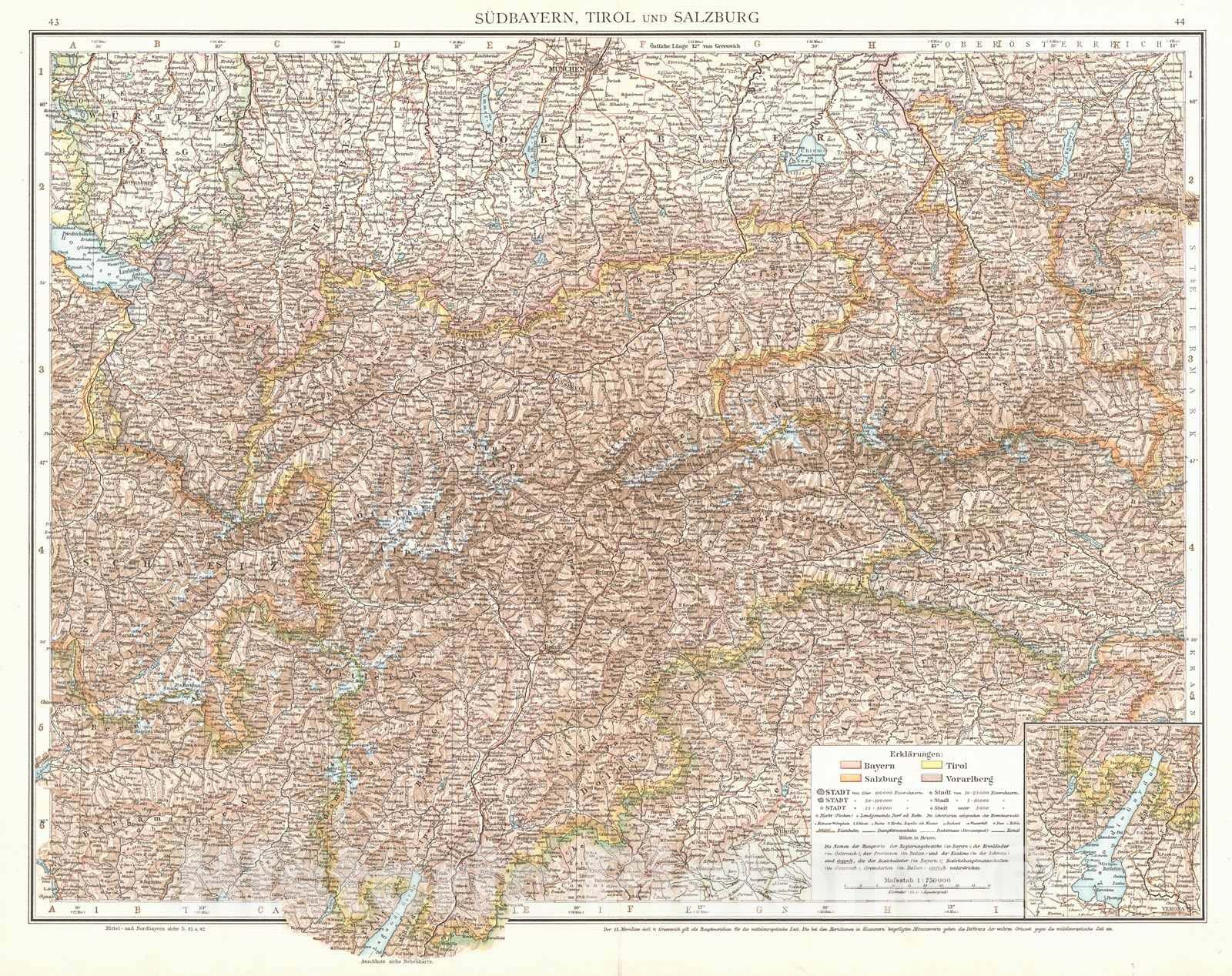 Historic Map : 1893 Sudbayern, Tirol und Salzburg : Vintage Wall Art