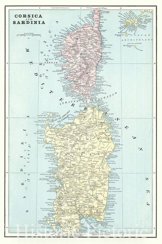 Historic Map : 1895 Corsica and Sardinia : Vintage Wall Art