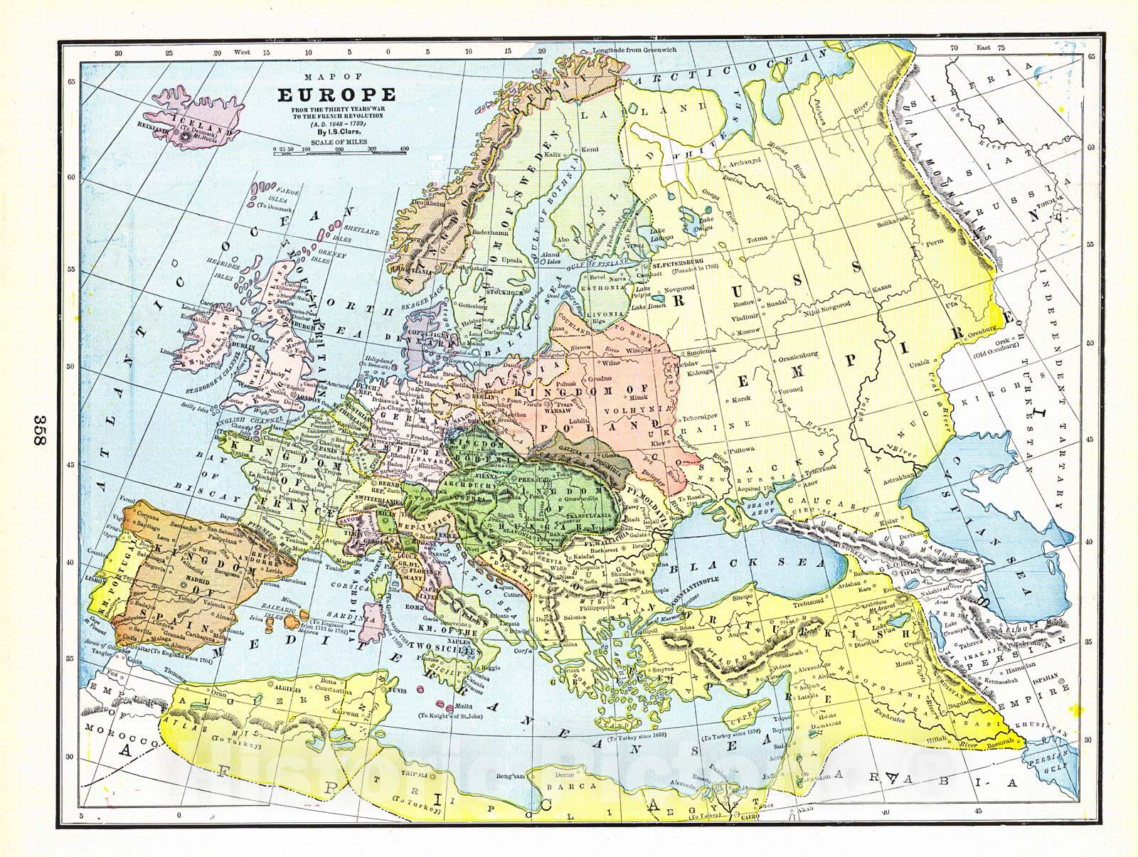 Historic Map : 1898 Map of Europe from the Thirty Years War to the French Revolution : Vintage Wall Art