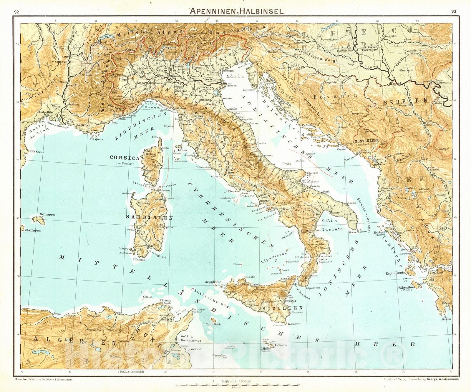 Historic Map : 1898 Apenninen, Halbinsel : Vintage Wall Art